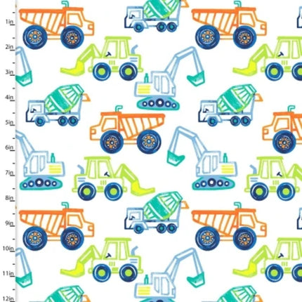 Dump, Dig & Rumble Mighty Machines White Flannel Fabric