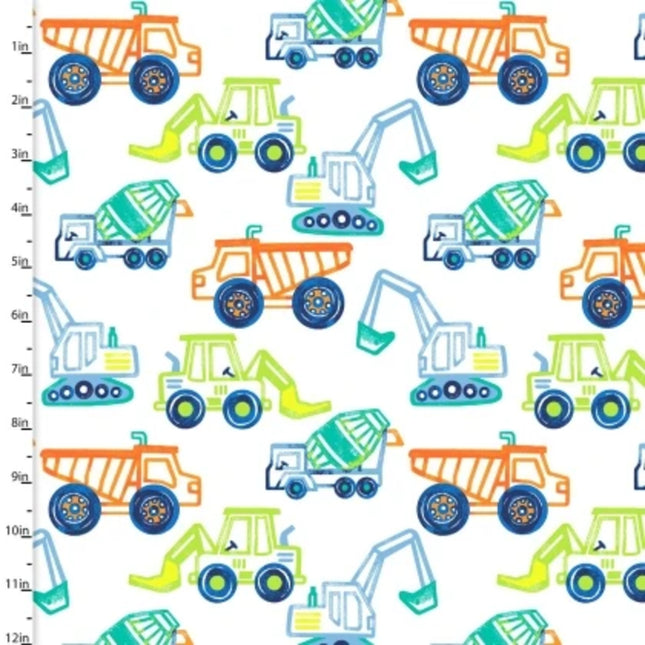 Dump, Dig & Rumble Mighty Machines White Flannel Fabric