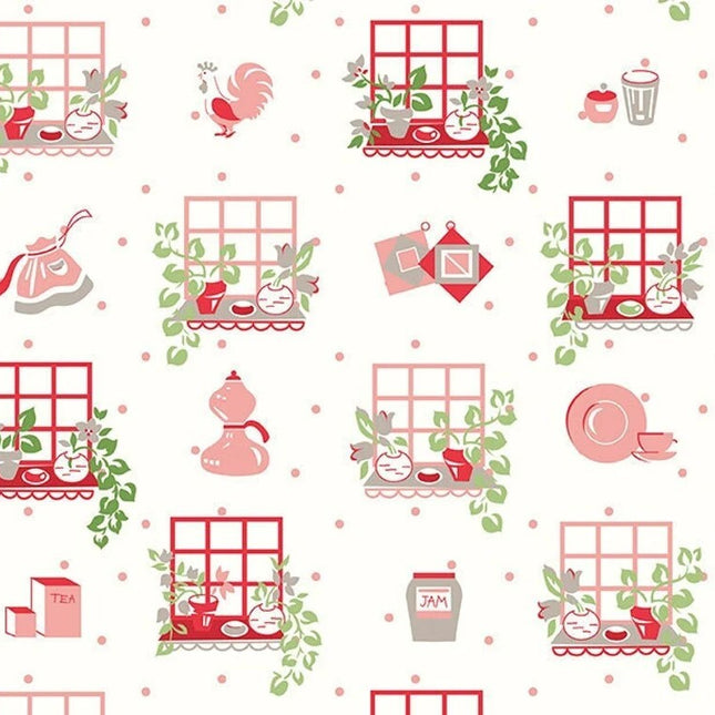 Cook Book Cottage Kitchen Window Coral Cotton Fabric