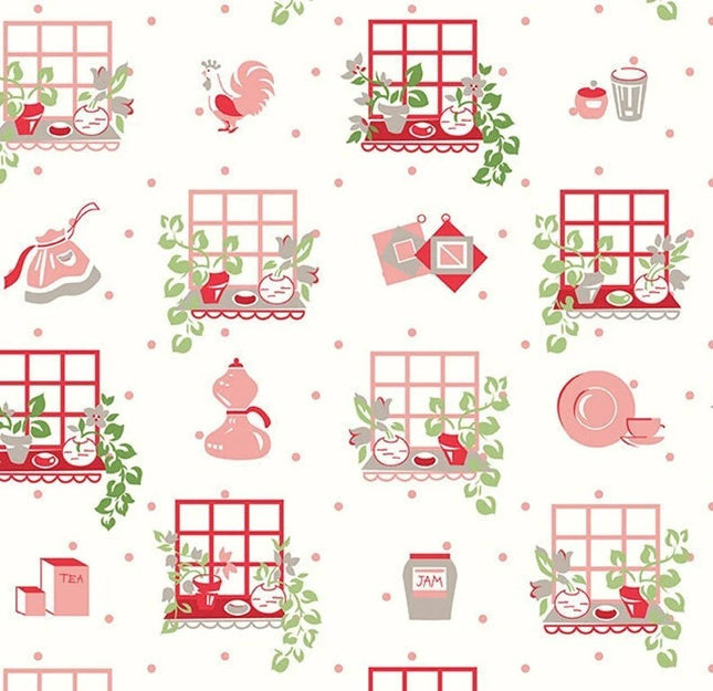 Cook Book Cottage Kitchen Window Coral Cotton Fabric