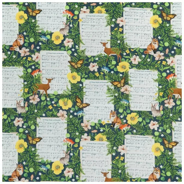 Sheet Music & Woodland Animals Cotton Calico Fabric