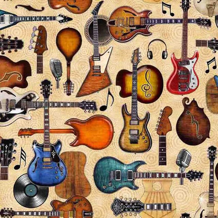 Rock n Roll Fantasy Tan Guitars Cotton Fabric