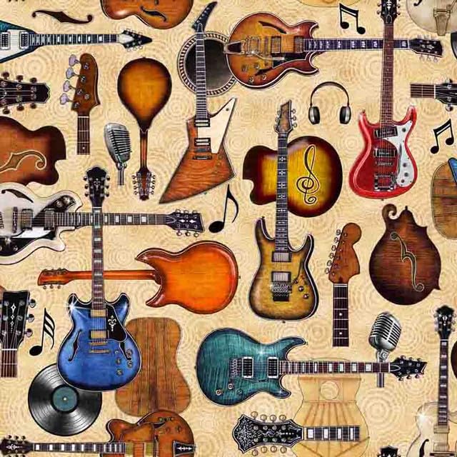 Rock n Roll Fantasy Tan Guitars Cotton Fabric
