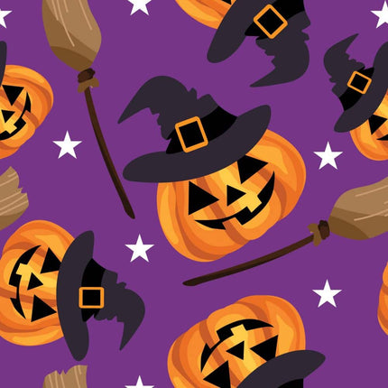 Smiling Pumpkin Allover - Purple Cotton Fabric