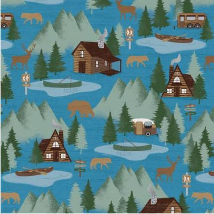 Moose Creek Lodge At the Cabin Blue Cotton Fabric