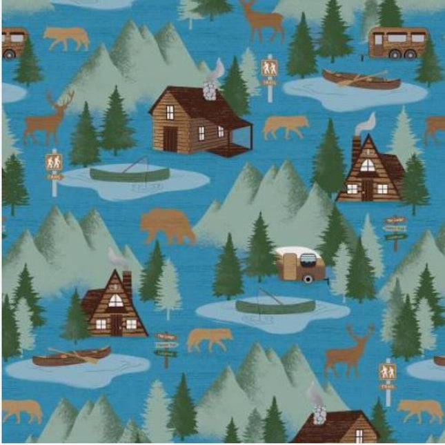 Moose Creek Lodge At the Cabin Blue Cotton Fabric
