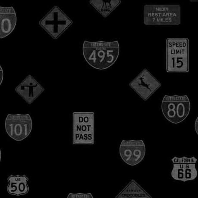 Heavy Metal Road Sign Toss Black Cotton Fabric