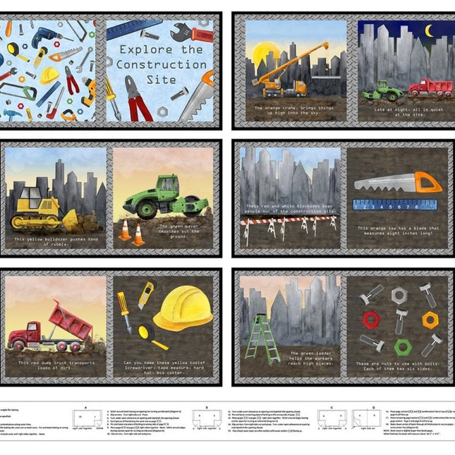 Let's Get Building Construction Book Panel 36" Panel Cotton Fabric