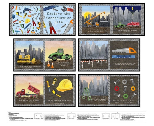 Let's Get Building Construction Book Panel 36" Panel Cotton Fabric