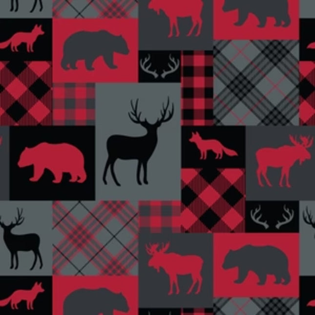 North of Ordinary Woodland Patchwork Red Fleece Fabric
