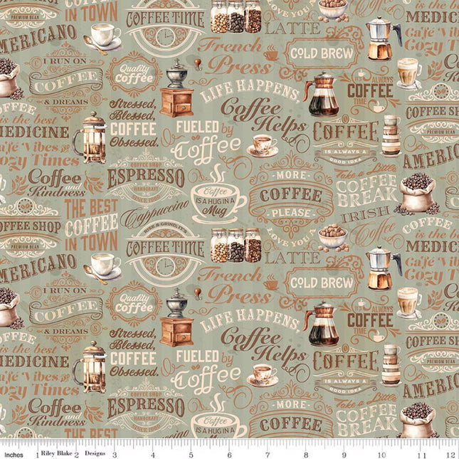 Coffee Time Text Sage Cotton Fabric