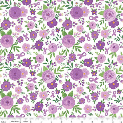 Strength in Lavender Floral White Cotton Fabric