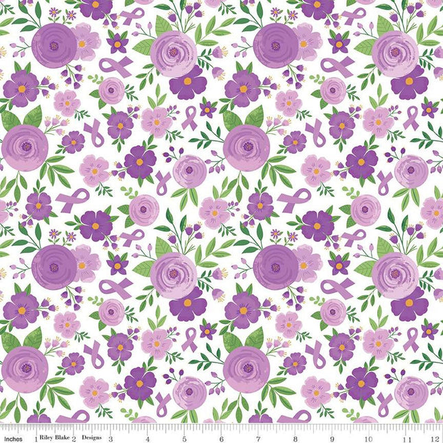 Strength in Lavender Floral White Cotton Fabric