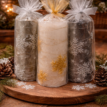 Holiday Snowflake Pillar Candle Set – Set of 3 Decorative Christmas Candles with Gift Wrap