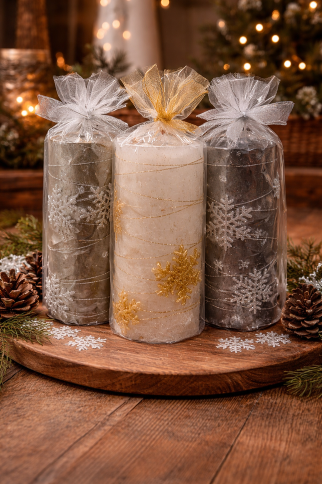 Holiday Snowflake Pillar Candle Set – Set of 3 Decorative Christmas Candles with Gift Wrap