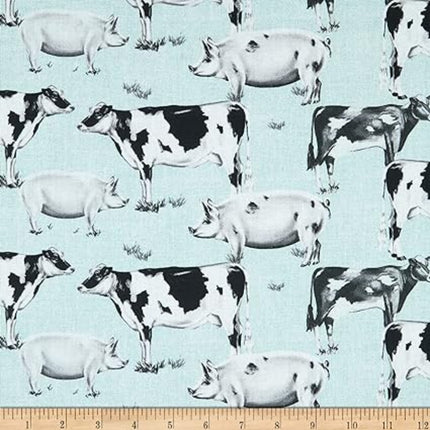 Farmhouse Kitchen Cows and Pigs Mint Cotton Fabric