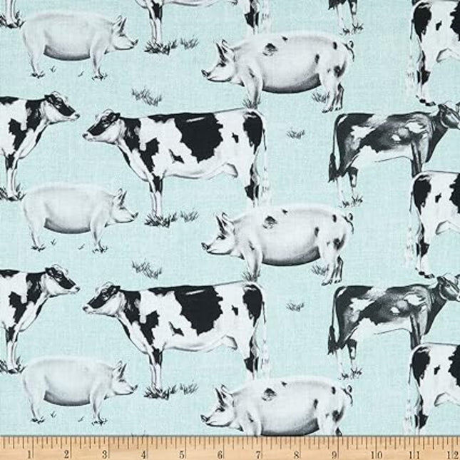 Farmhouse Kitchen Cows and Pigs Mint Cotton Fabric