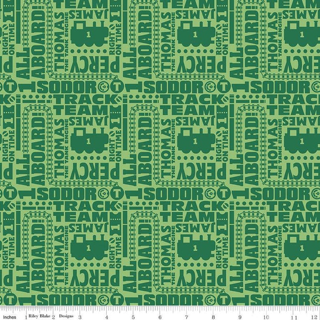 All Aboard with Thomas & Friends Text Green Cotton Fabric