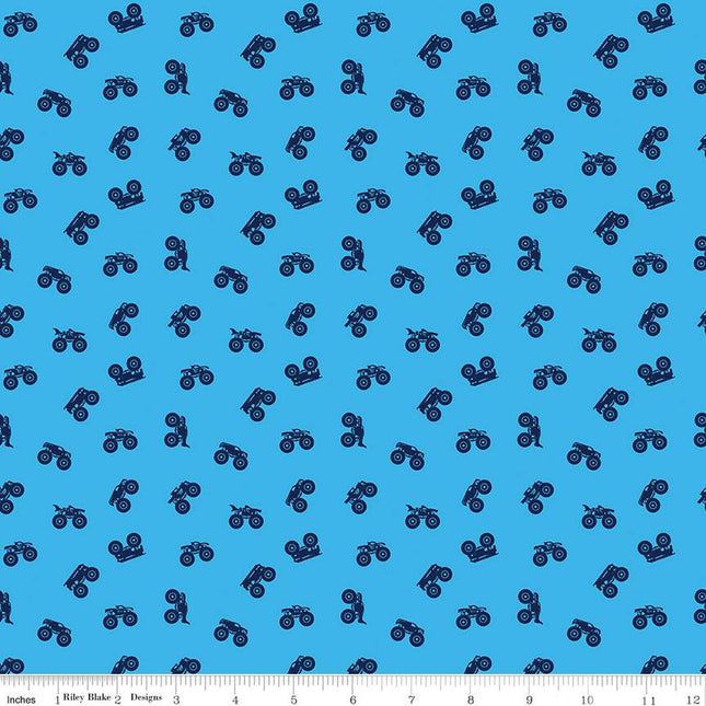 Hot Wheels Monster Trucks Silhouette Blue Cotton Fabric