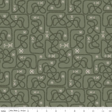 'Round the Mountain Table Tracks Pine Cotton Fabric