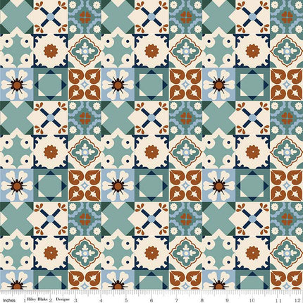 Wild Rose Tiles Teal Cotton Fabric