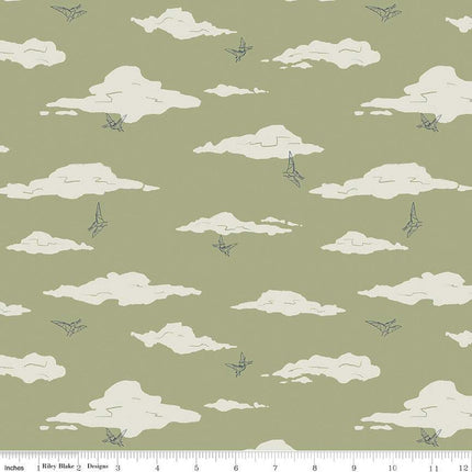 Cretaceous Pterodactyl Clouds Sage Cotton Fabric