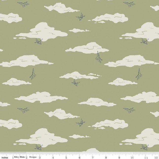 Cretaceous Pterodactyl Clouds Sage Cotton Fabric