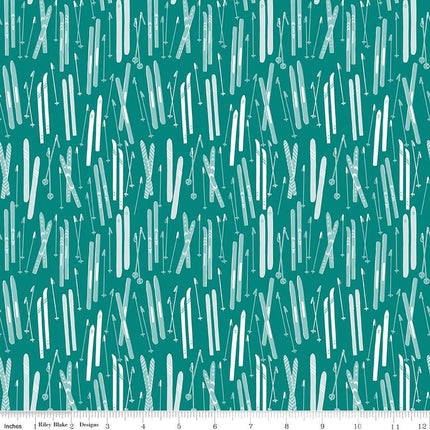 Ski Hill Skis Teal Cotton Fabric