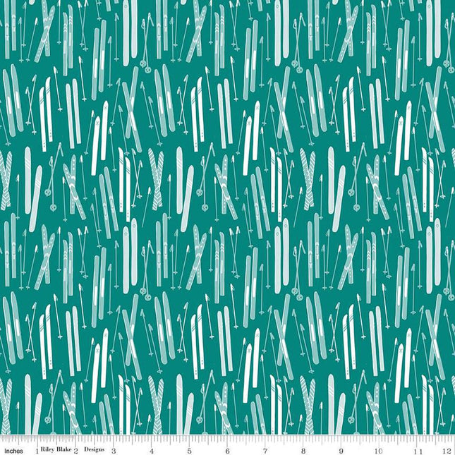 Ski Hill Skis Teal Cotton Fabric