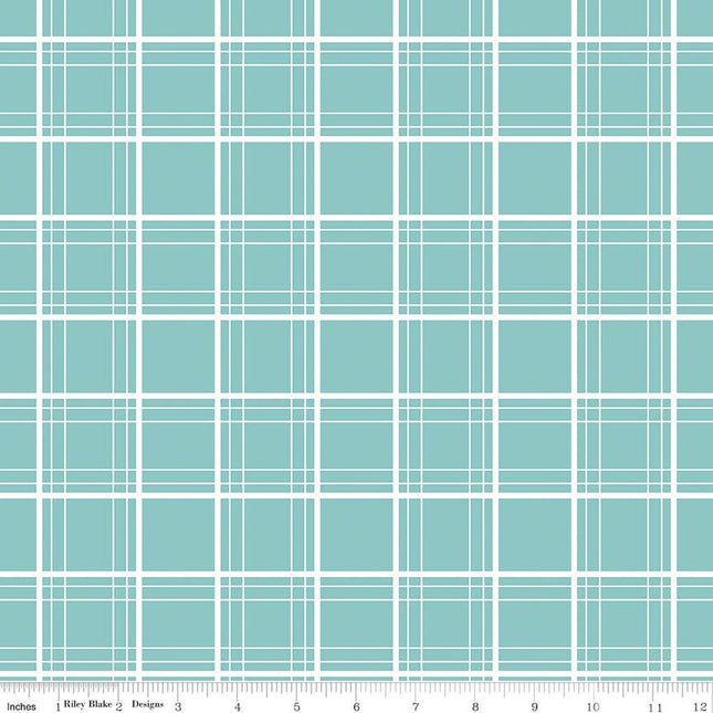 Ski Hill Ski Tracks Aqua Cotton Fabric