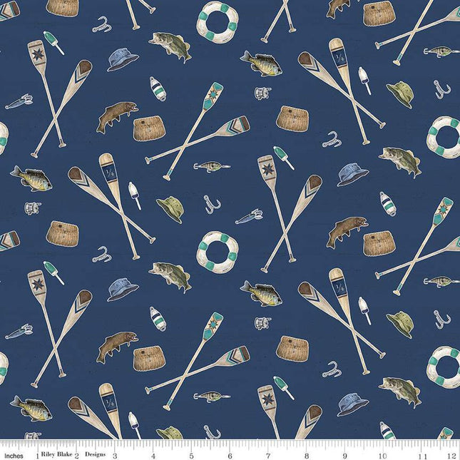 Double Sided Cotton Blanket - Wake at the Lake Icons Navy Cotton
