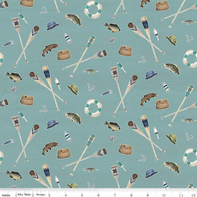 Double Sided Cotton Blanket - Wake at the Lake Icons Teal Cotton