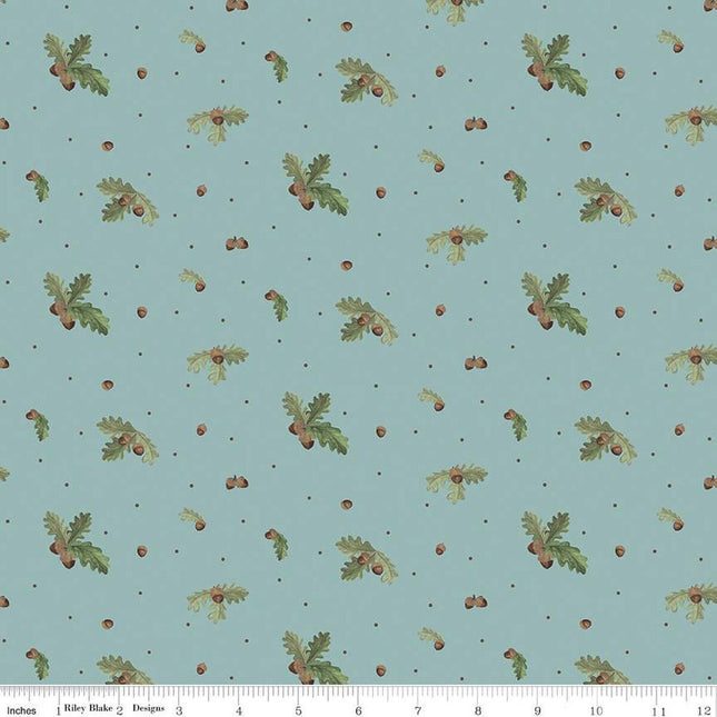 Handmade Valance or Curtain Panel Let's Get Lost in the Woods Acorns and Leaves Vintage Blue
