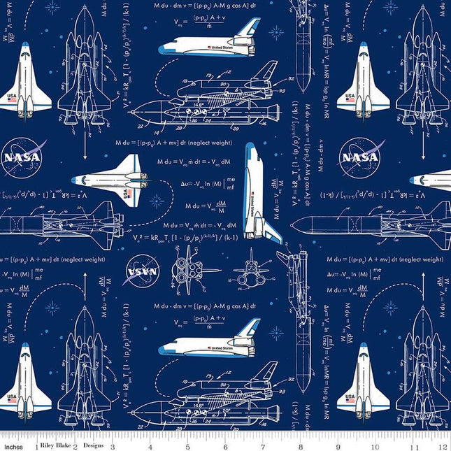 Outer Space by NASA Rocket Math Navy Cotton Fabric