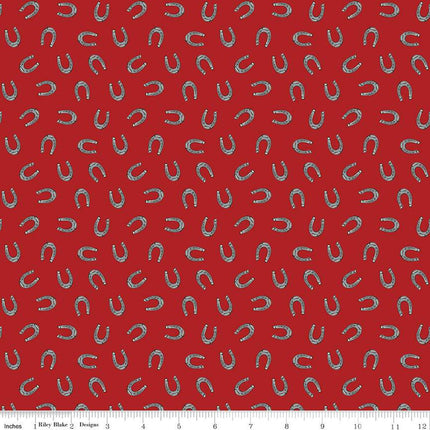 Cowboys Horseshoes Barn Red Cotton Fabric