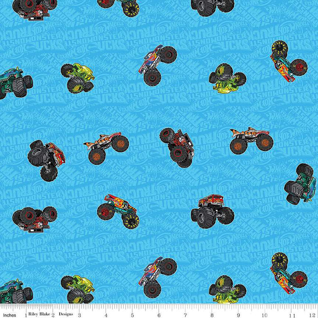 Hot Wheels Monster Trucks Toss Blue Cotton Fabric - 1 Yard Precut
