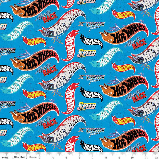 Hot Wheels Made to Race Logo Toss Blue Cotton Fabric