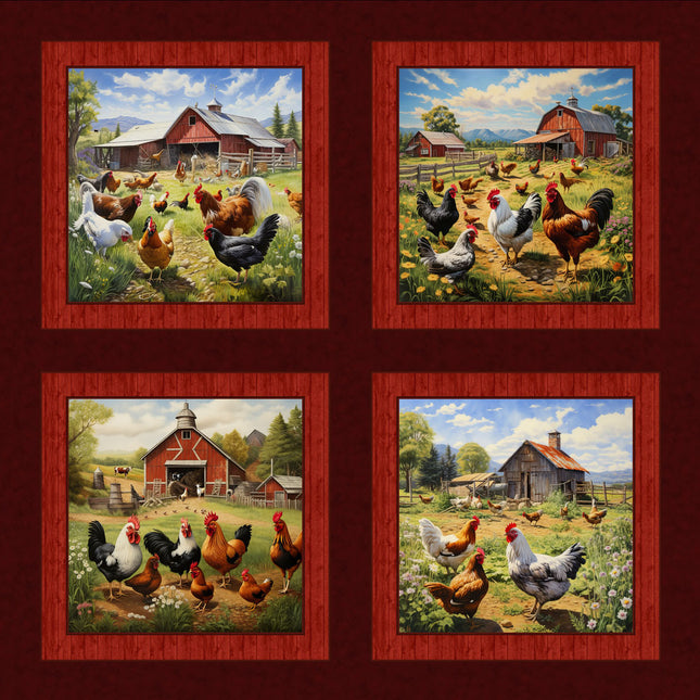 Farm Chickens Pillow Panel Cotton Fabric