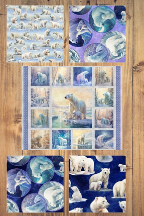 Aurora Polar Bear Panel Fabric and 4 print Bundle Fat Quarter,  1/2 Yard or 1 Yard Cuts