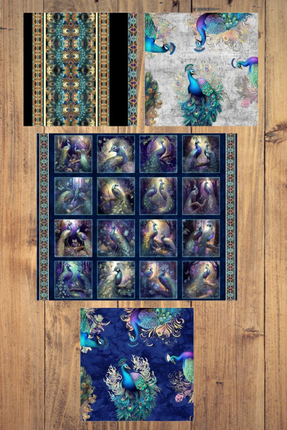 Resplendent Peacock Panel Fabric and 3 print Bundle Fat Quarter,  1/2 Yard or 1 Yard Cuts