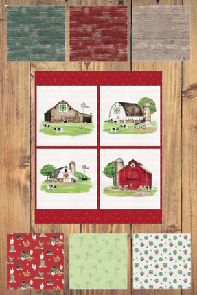 Spring Barn Quilt Panel Fabric and 6 print Bundle Fat Quarter,  1/2 Yard or 1 Yard Cuts