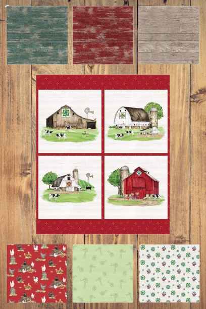 Spring Barn Quilt Panel Fabric and 6 print Bundle Fat Quarter,  1/2 Yard or 1 Yard Cuts