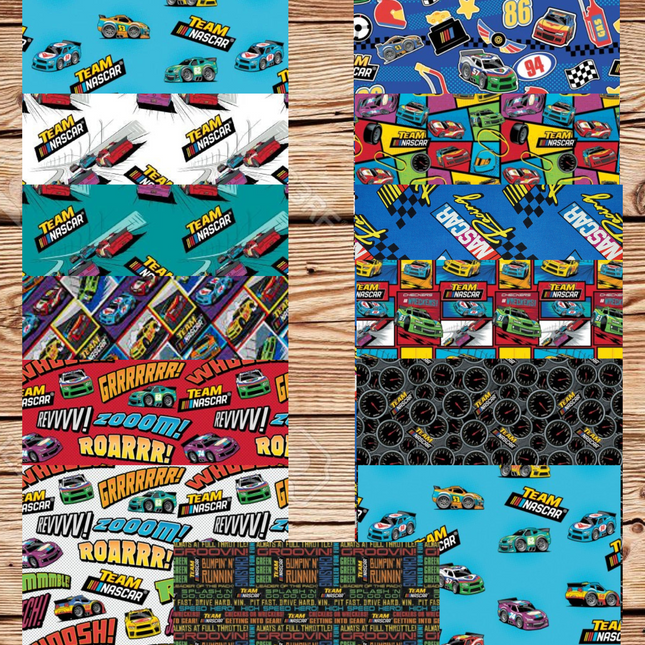 Car Racing by Camelot 12 Print Bundle, FAT Quarter, 1/2 Yard, or 1 Yard Cotton Fabric