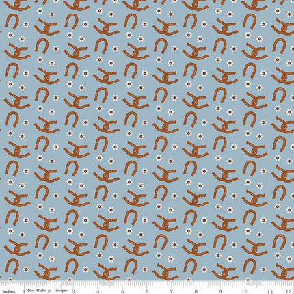 Wild Rose Horseshoes Blue Cotton Fabric