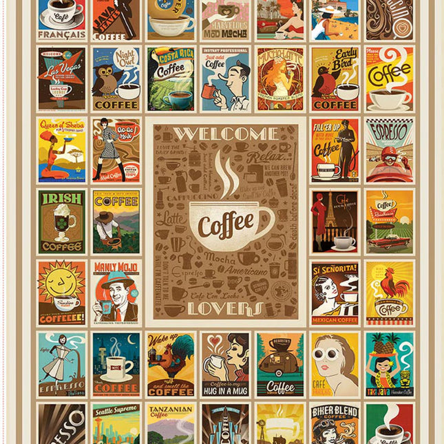 Coffee Time Welcome Coffee Lovers Cotton Panel Fabric