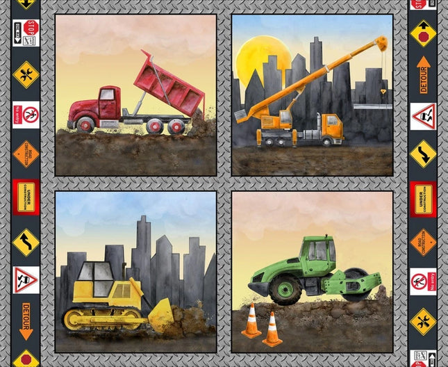 Let's Get Building Construction Equipment Pillow 36" Panel Cotton Fabric