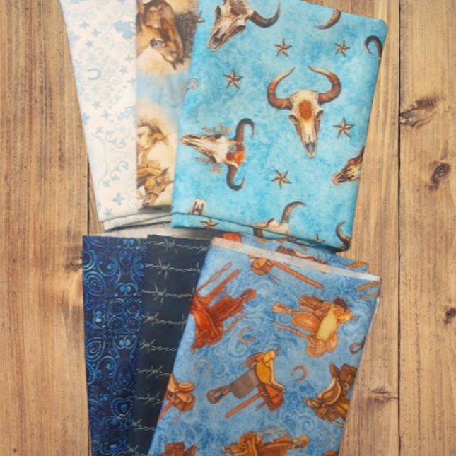 6 Fat Quarters - Assorted Running Wild Western Blue Themed Fat Quarter Bundle
