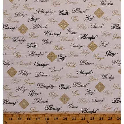 Christian Inspirational Words Gray Glitter Cotton Fabric
