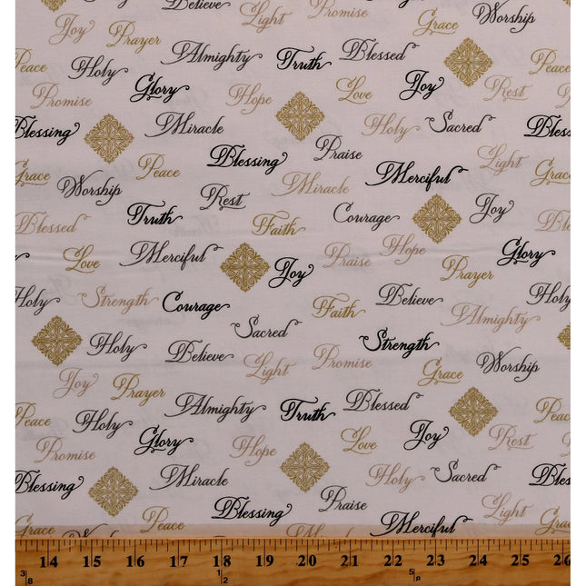 Christian Inspirational Words Gray Glitter Cotton Fabric