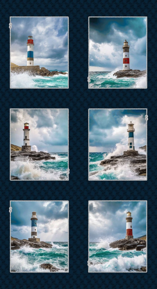 Coastal Guardians Lighthouse Blocks 24" Cotton Panel Fabric